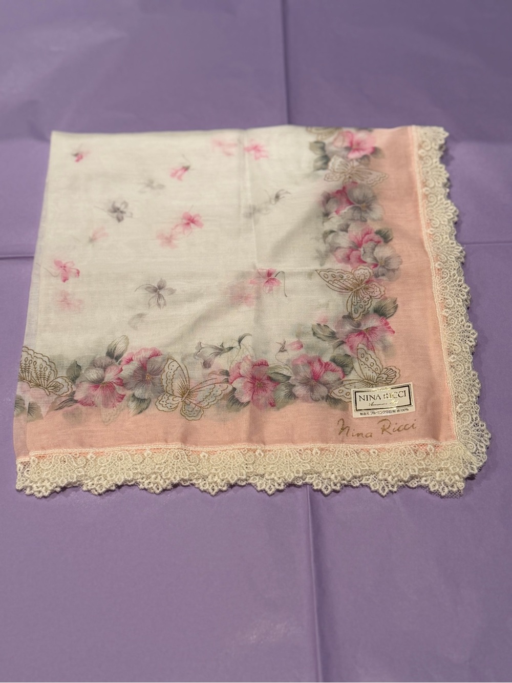 Nina Ricci Pink and Cream Floral Lace-Edge Handkerchief
